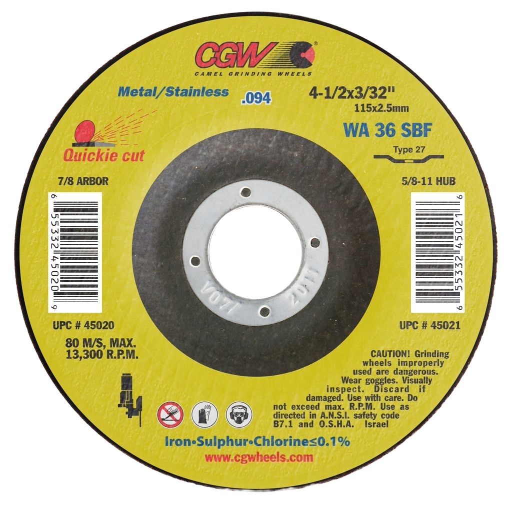 Picture of CGW "Camel" Abrasive 41/2X3/32X7/8 T27 Wa36Sbf Wheel Cut Off